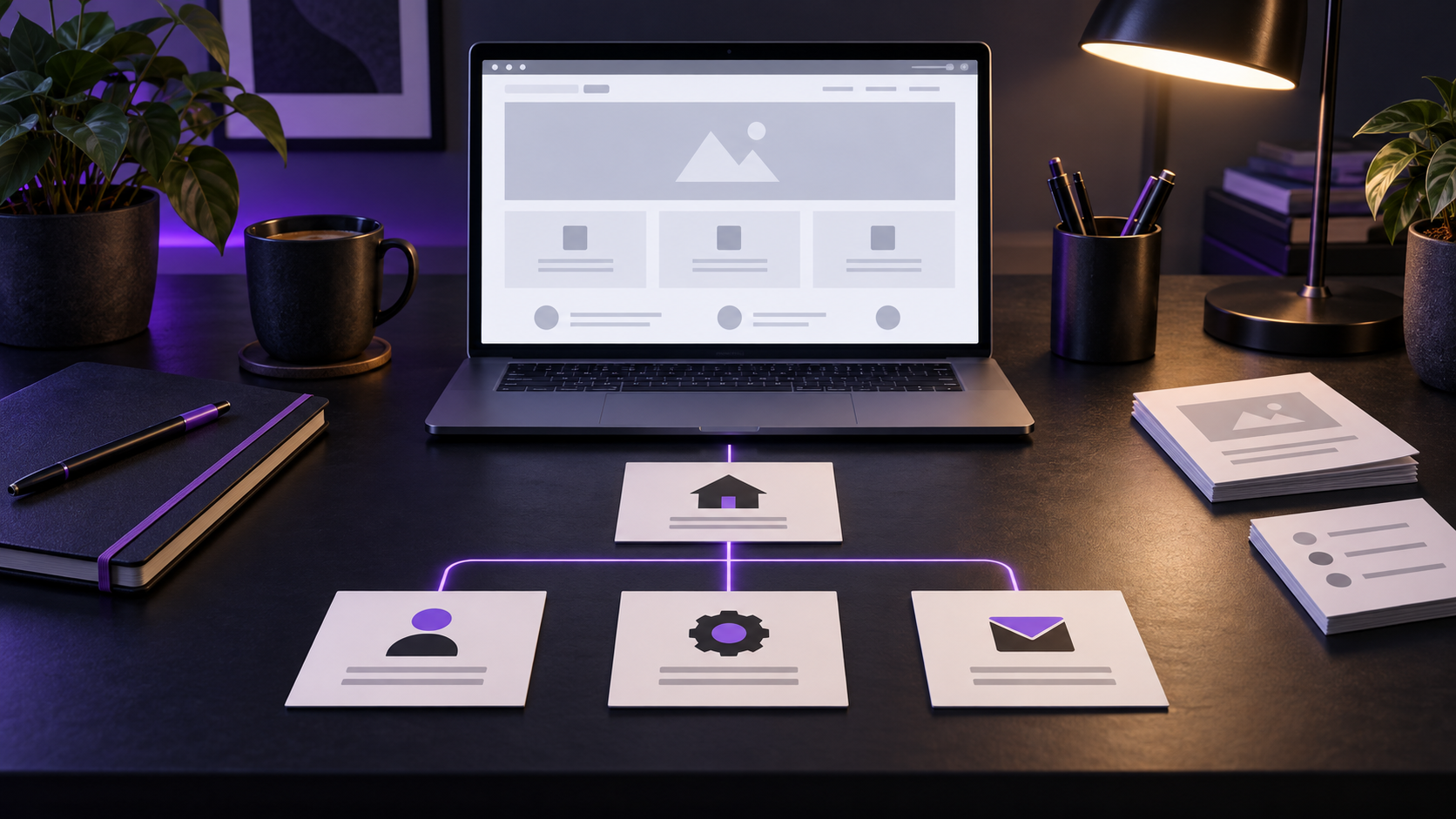 Website planning cards arranged in a sitemap beneath a laptop displaying a small-business website
